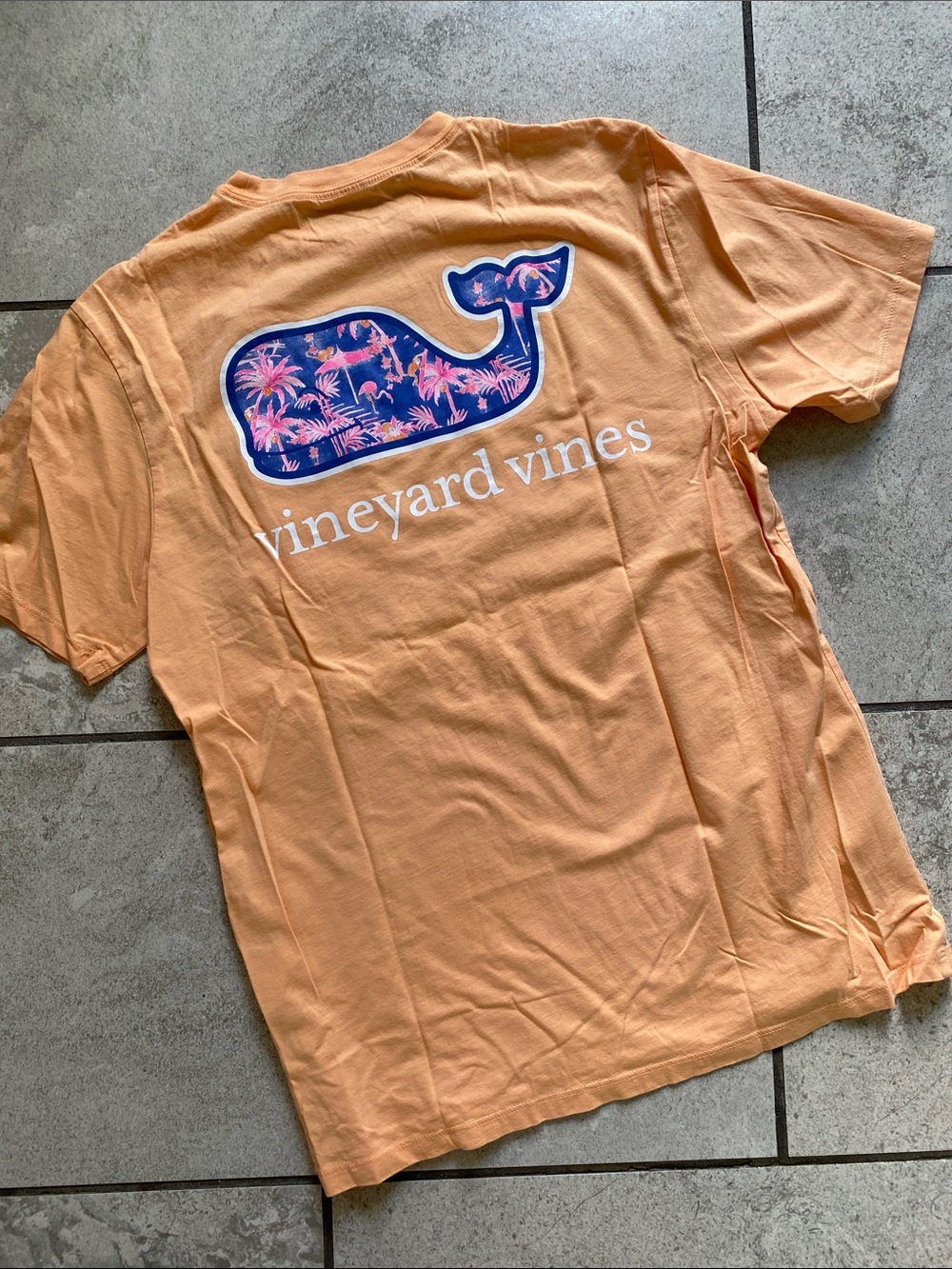 Vineyard Vines Peach Orange Tee with Blue Tropical Flamingos Whale